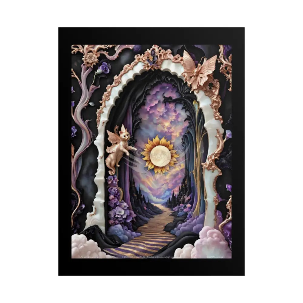 3D Ribbon Ruffle Framed Passageway Vibrant Magical Kitties & Floral Portal Art Poster 18″ x 24″ (Vertical) / Matte