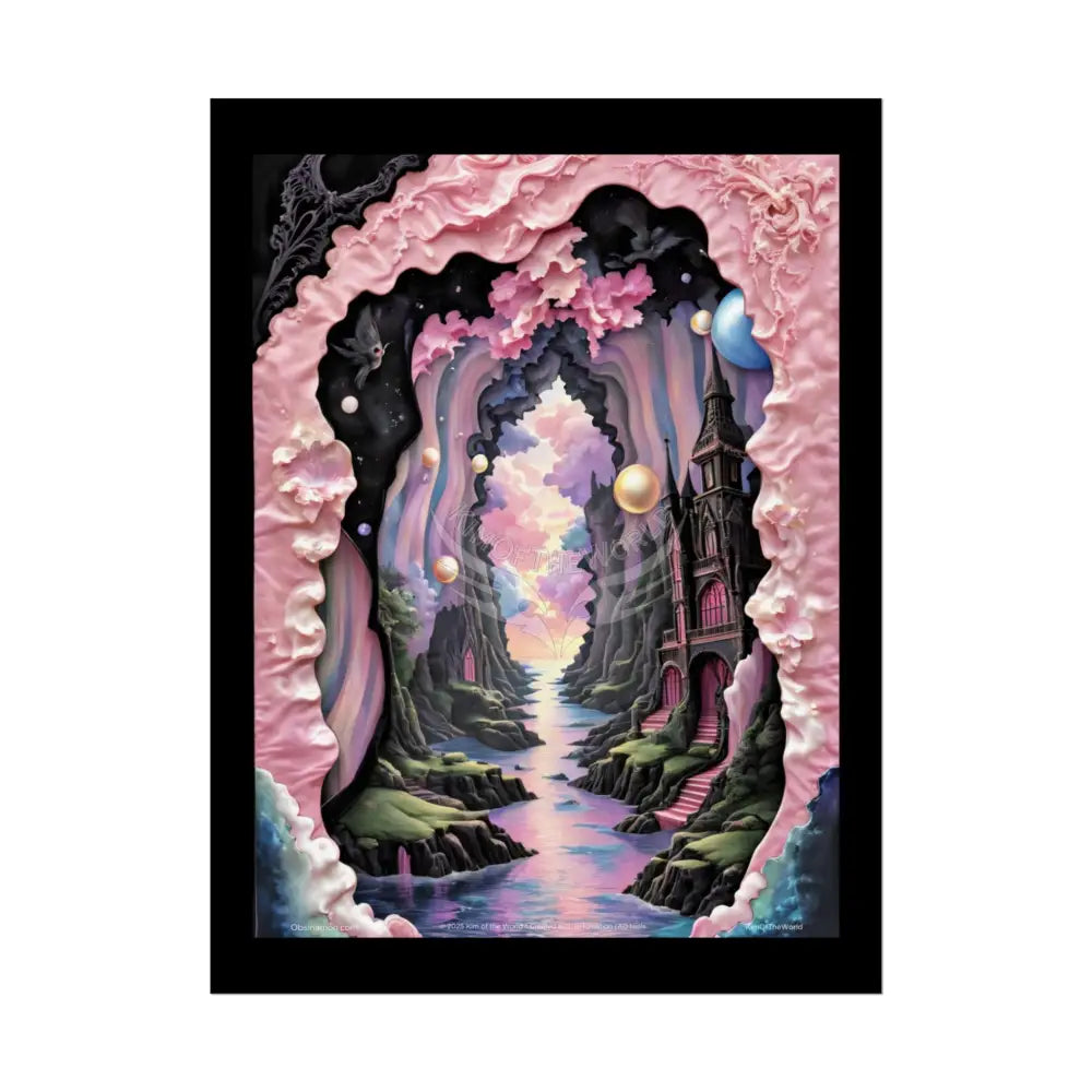 3D Ribbon Ruffle Framed Passageway Vibrant Magical Kitties & Floral Portal Art Poster 18″ x 24″ (Vertical) / Semi
