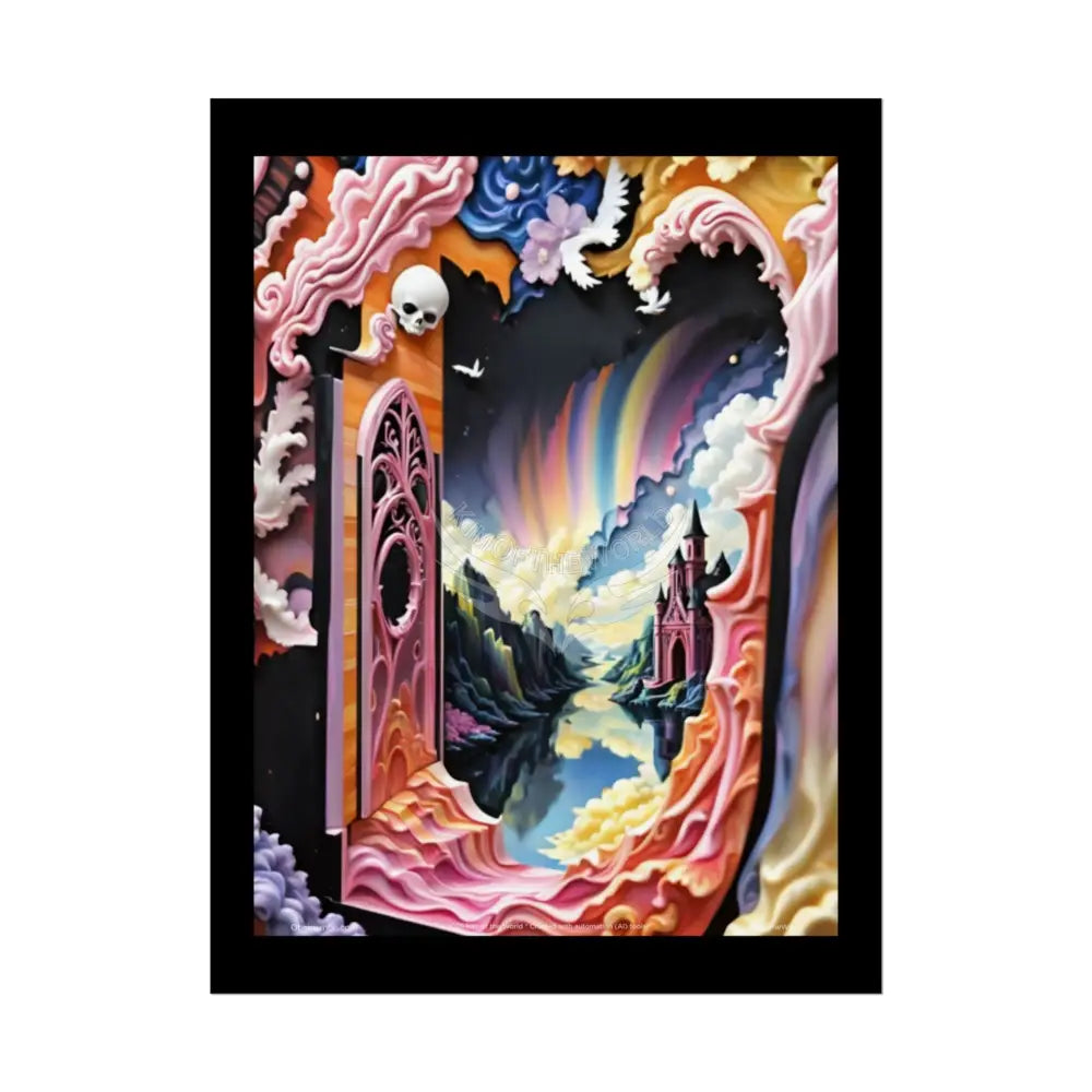 3D Ribbon Ruffle Framed Passageway Vibrant Magical Kitties & Floral Portal Art Poster 18″ x 24″ (Vertical) / Semi