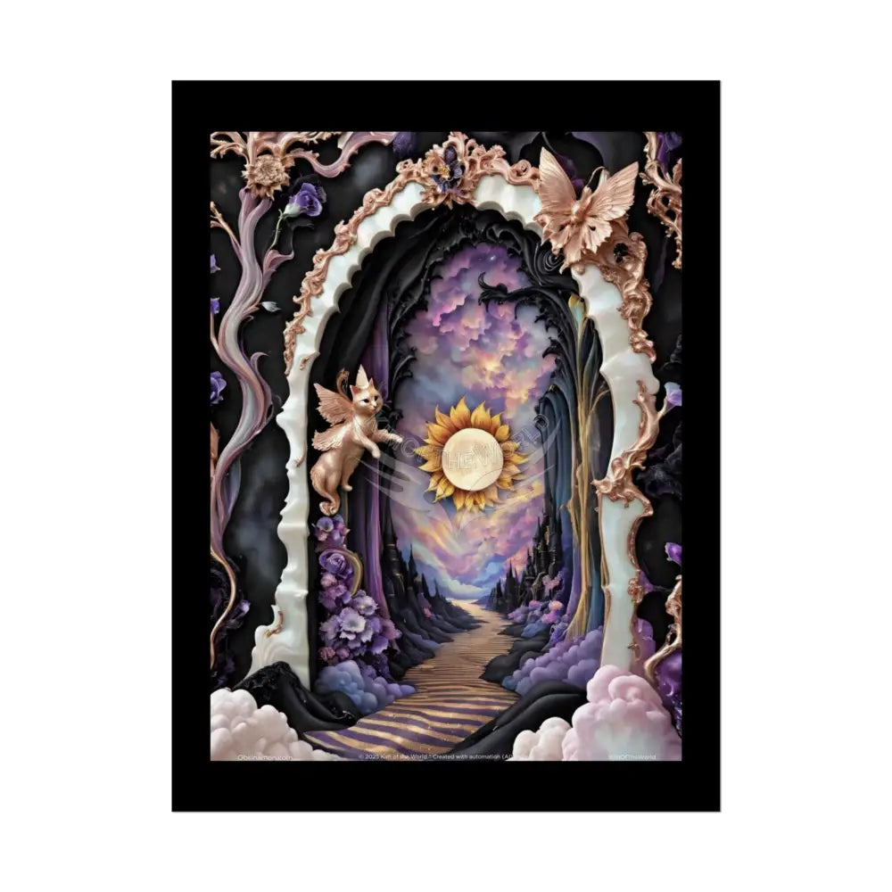3D Ribbon Ruffle Framed Passageway Vibrant Magical Kitties & Floral Portal Art Poster 18″ x 24″ (Vertical) / Semi