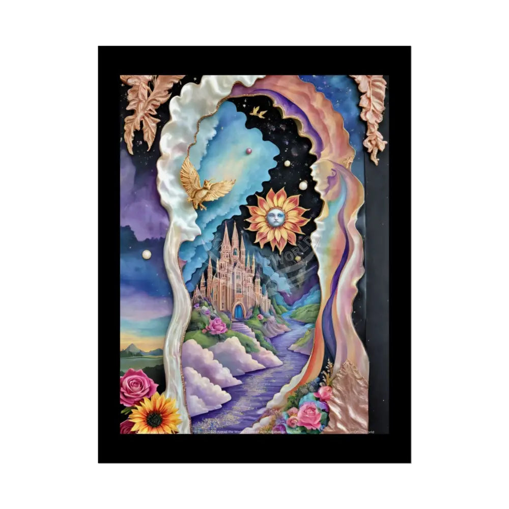 3D Ribbon Ruffle Framed Passageway Vibrant Magical Kitties & Floral Portal Art Poster 18″ x 24″ (Vertical) / Semi