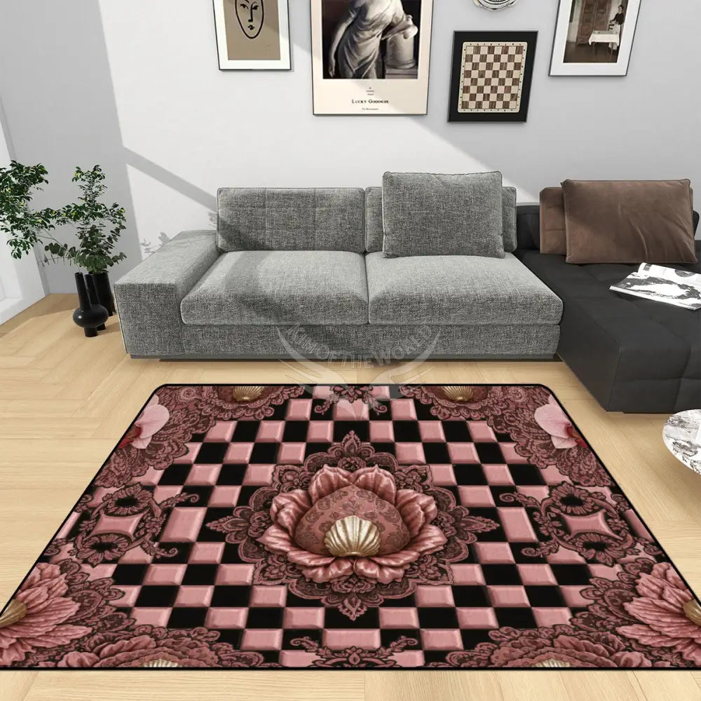 3D Rose Gold Checkerboard Area Rug Floor Carpet 8x5.3 - 96’’x64’’ - Rugs & Mats