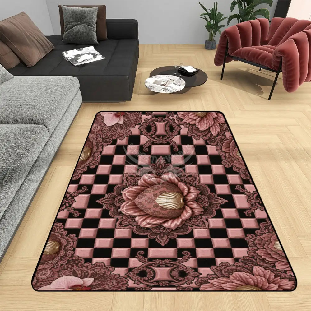 3D Rose Gold Checkerboard Area Rug Floor Carpet 8x5.3 - 96’’x64’’ - Rugs & Mats
