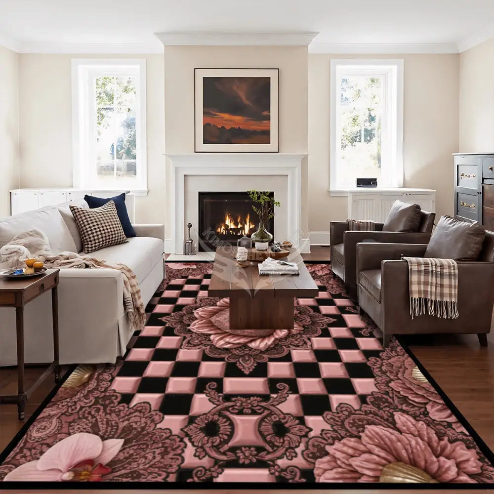 3D RoseGold Lotus Flower Checkerboard Large Area Rug Floor Carpet 10 ft x 8 ft 120’’x96’’ Rugs & Mats