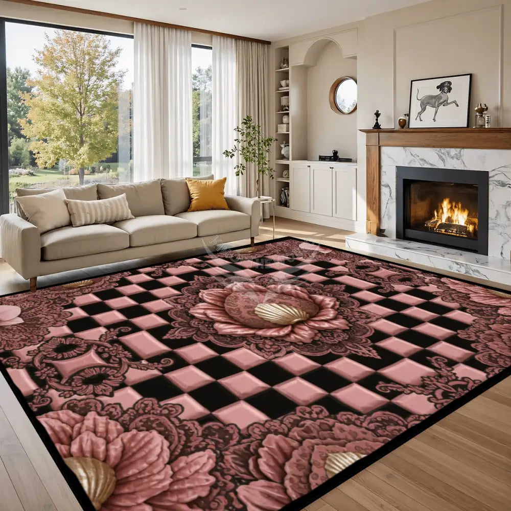 3D RoseGold Lotus Flower Checkerboard Large Area Rug Floor Carpet 10 ft x 8 ft 120’’x96’’ Rugs & Mats