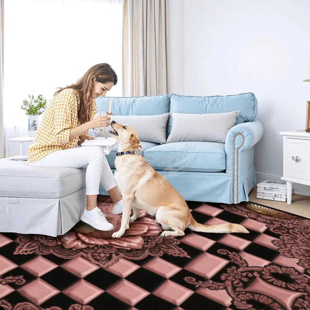 3D RoseGold Lotus Flower Checkerboard Large Area Rug Floor Carpet 10 ft x 8 ft 120’’x96’’ Rugs & Mats