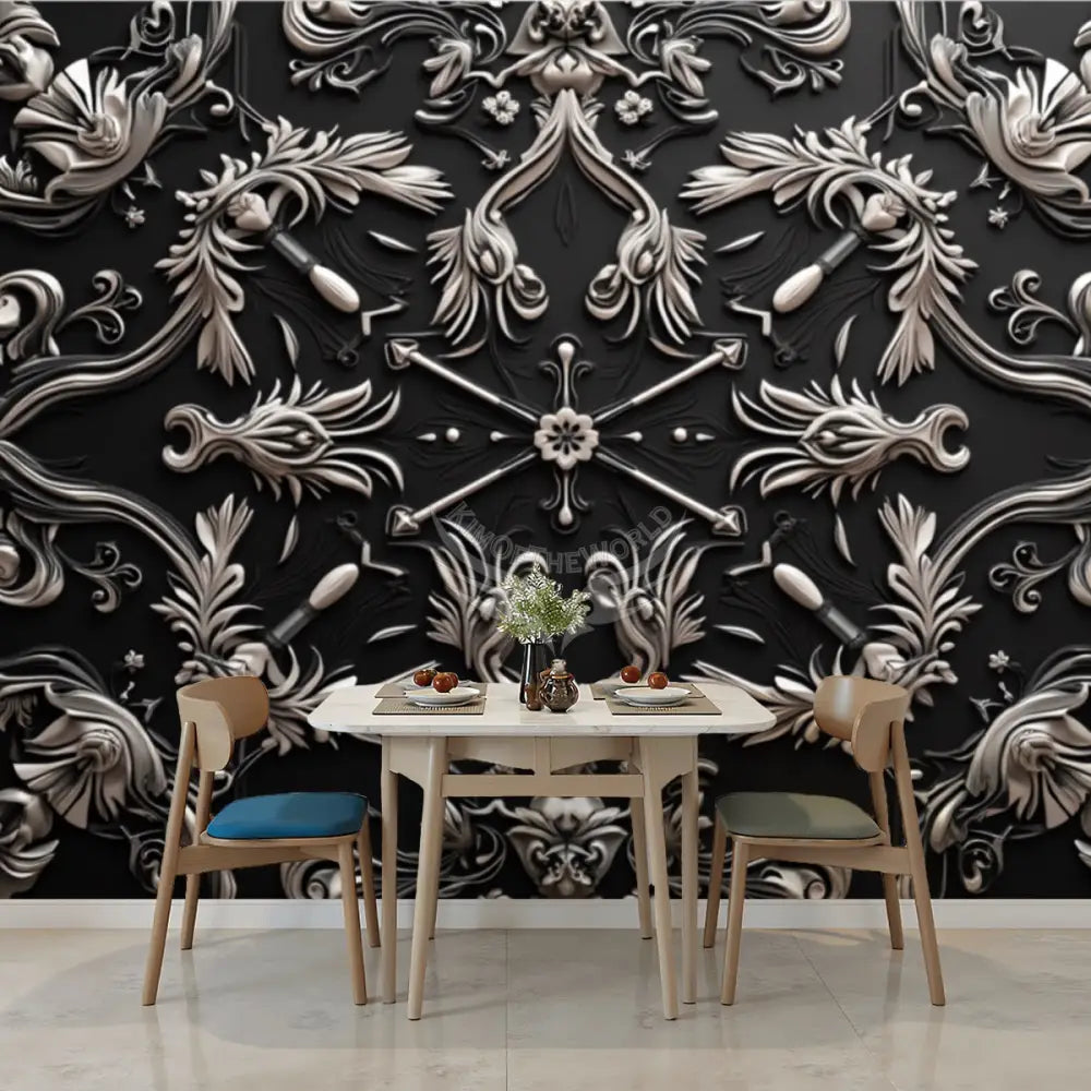3D Silver and Black Unpasted Mural Wallpaper 144’’x100’’ - 144’’x100’’ - Wall Coverings