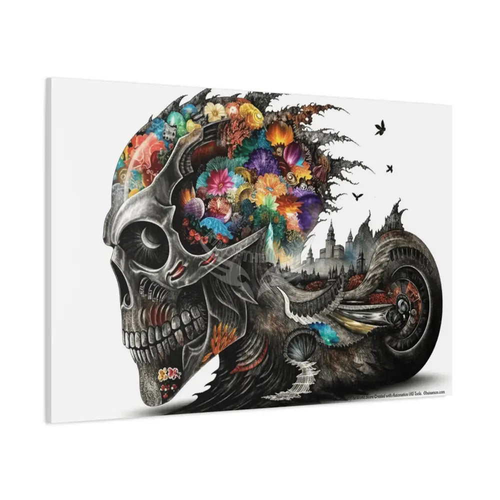 3D Skull Motorcycle Riders Matte Canvas Wall Art — Gothic Colorful Adventure Canvas