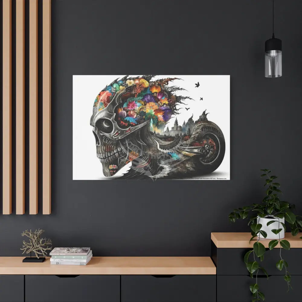 3D Skull Motorcycle Riders Matte Canvas Wall Art — Gothic Colorful Adventure Canvas