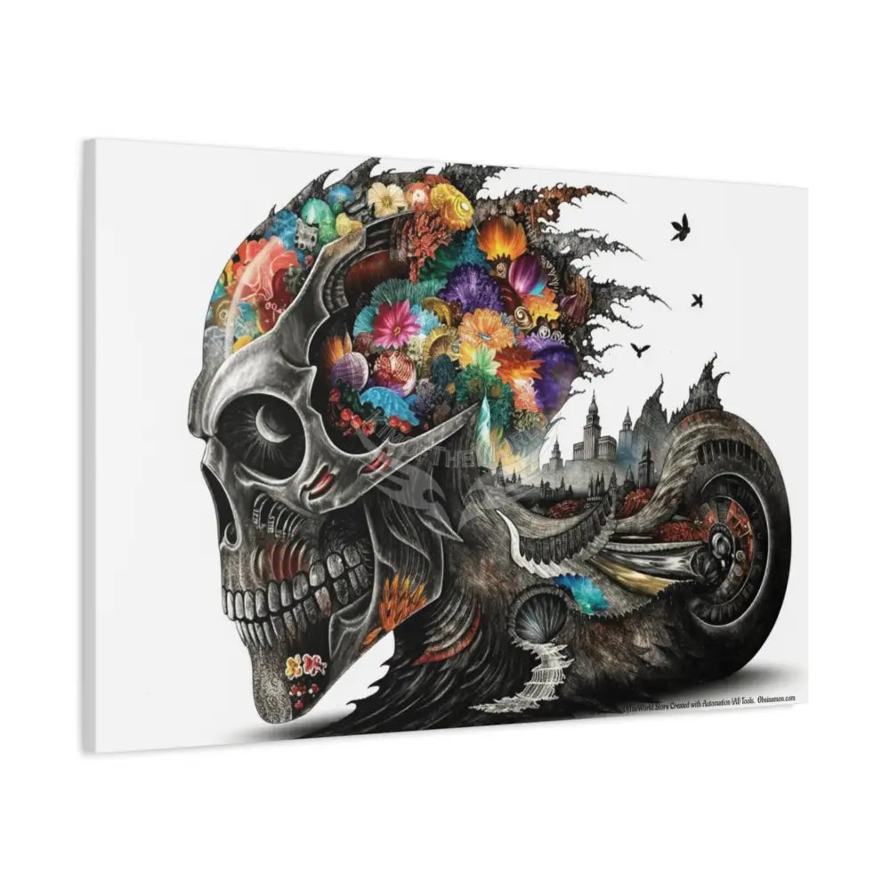 3D Skull Motorcycle Riders Matte Canvas Wall Art — Gothic Colorful Adventure Canvas