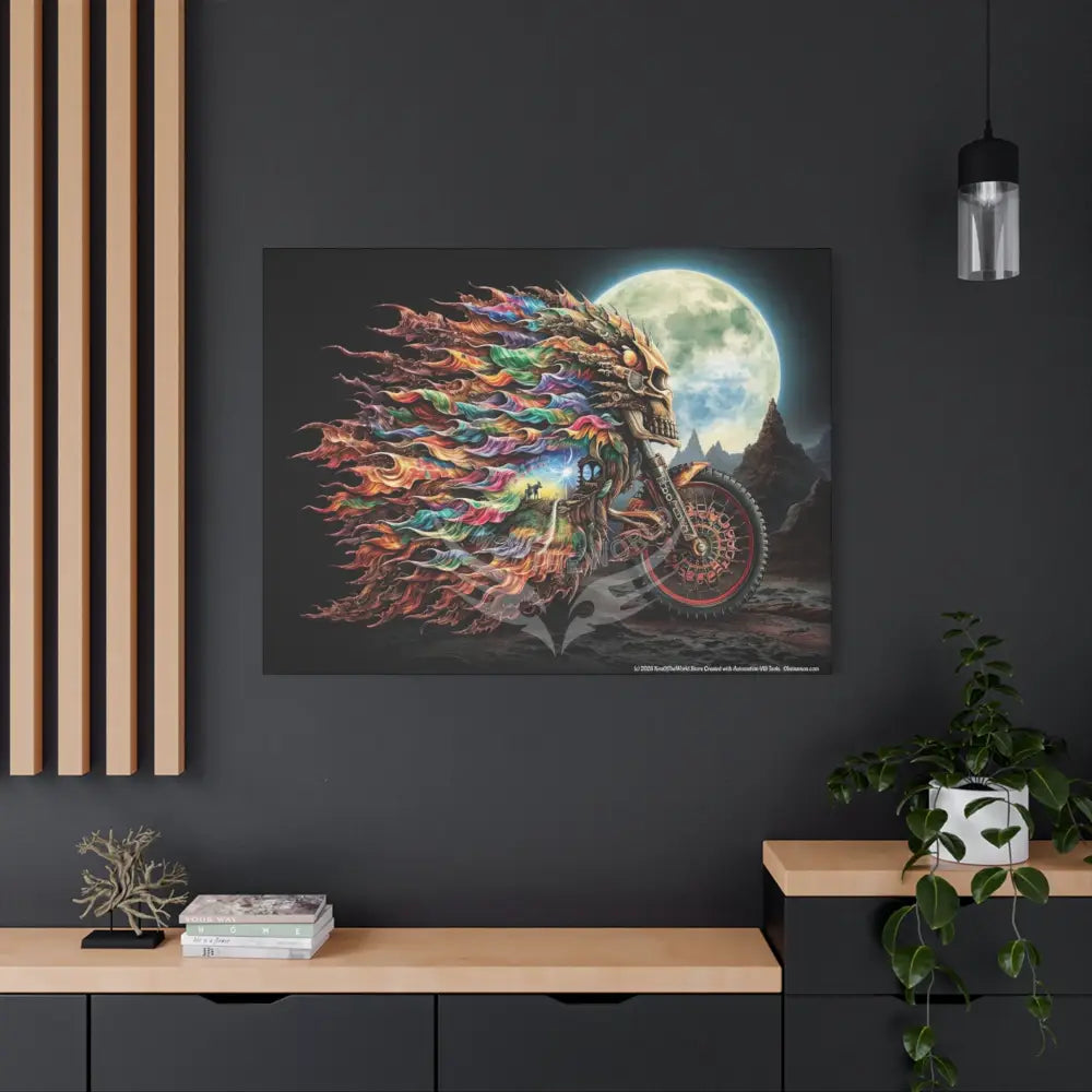3D Skull Motorcycle Riders Matte Canvas Wall Art — Gothic Colorful Adventure Canvas