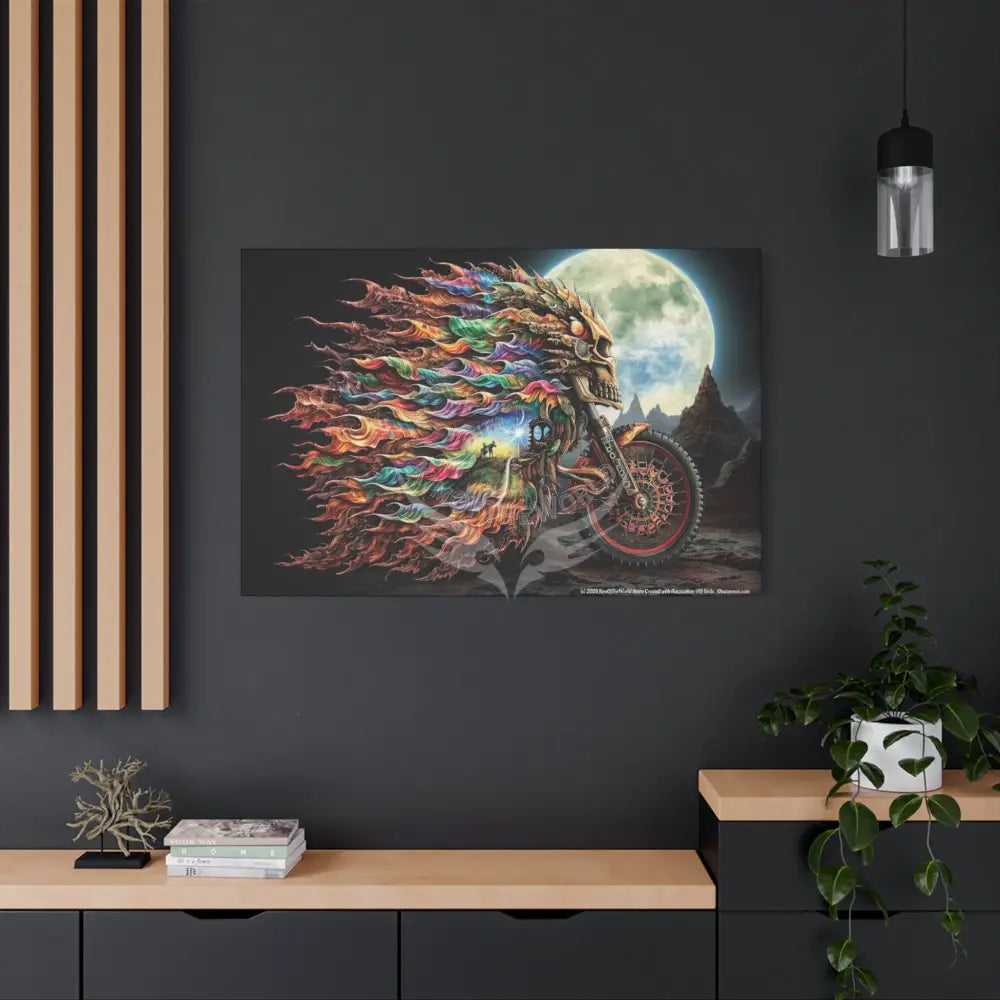 3D Skull Motorcycle Riders Matte Canvas Wall Art — Gothic Colorful Adventure Canvas