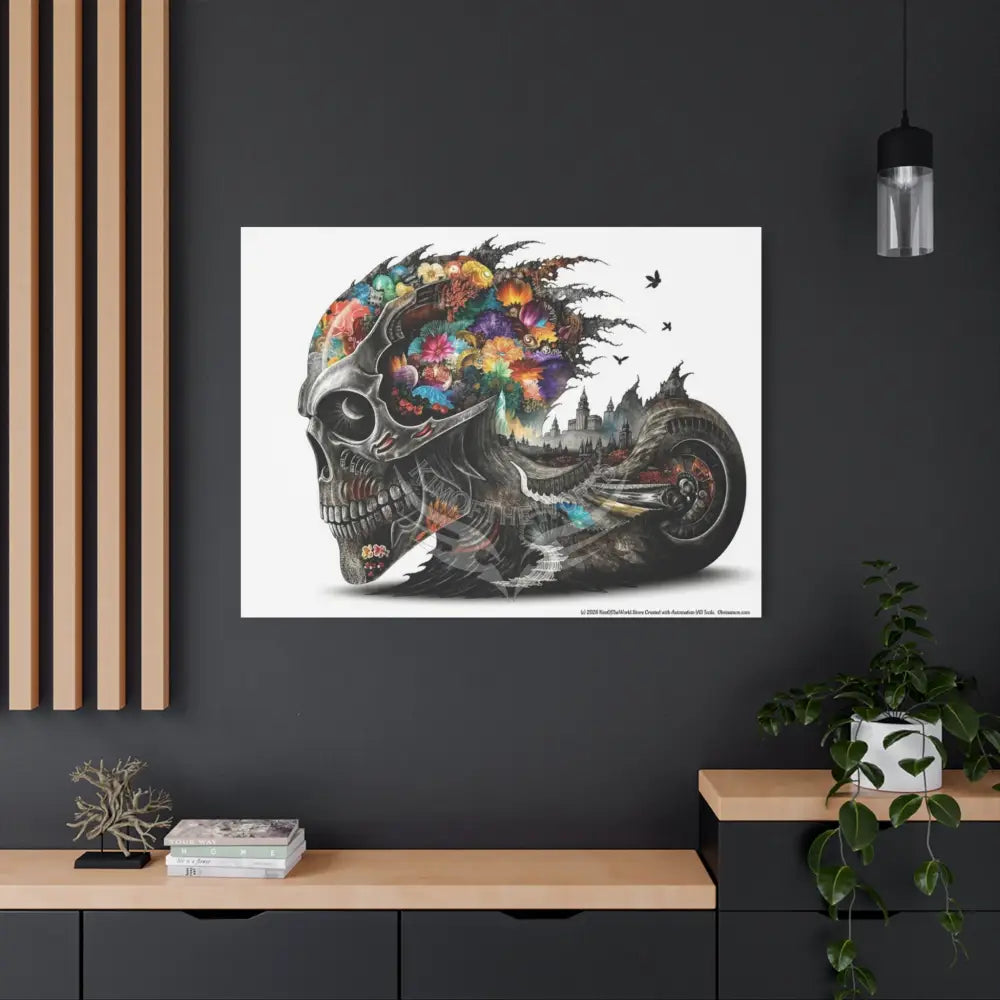 3D Skull Motorcycle Riders Matte Canvas Wall Art — Gothic Colorful Adventure Canvas