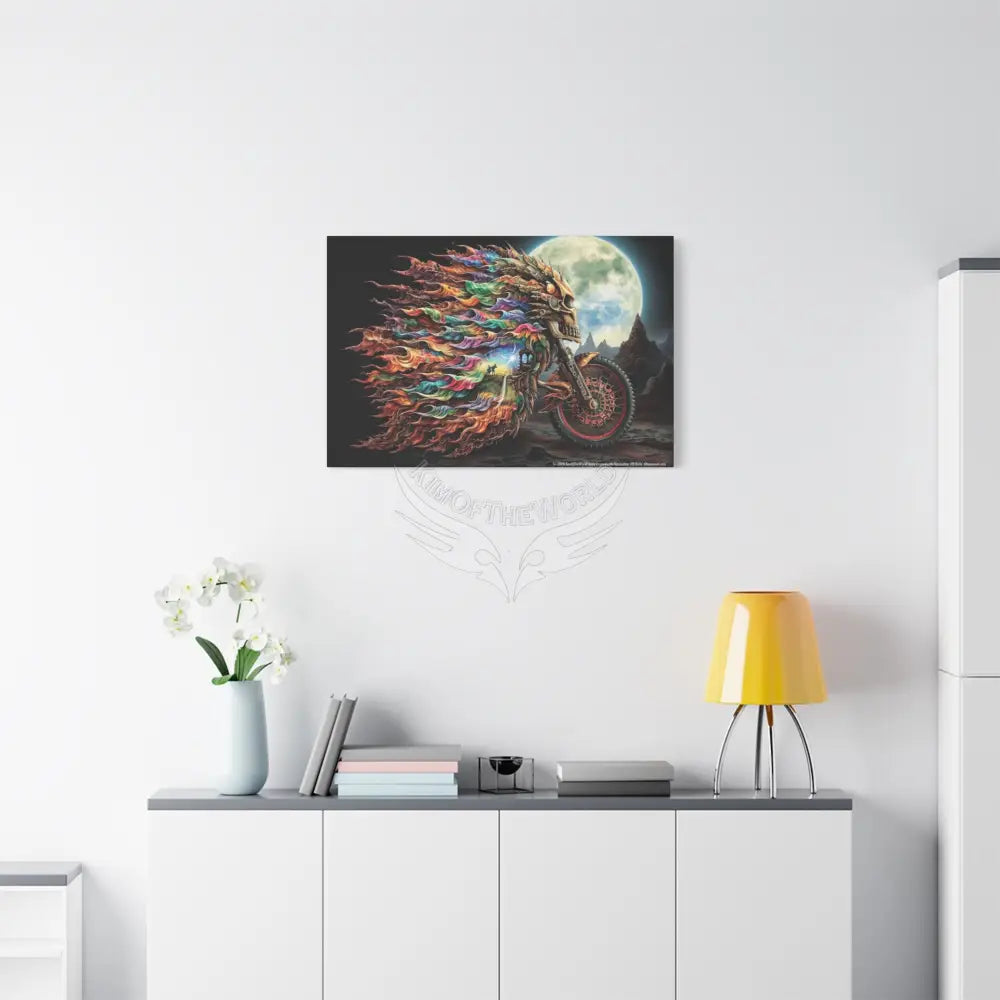 3D Skull Motorcycle Riders Matte Canvas Wall Art — Gothic Colorful Adventure Canvas