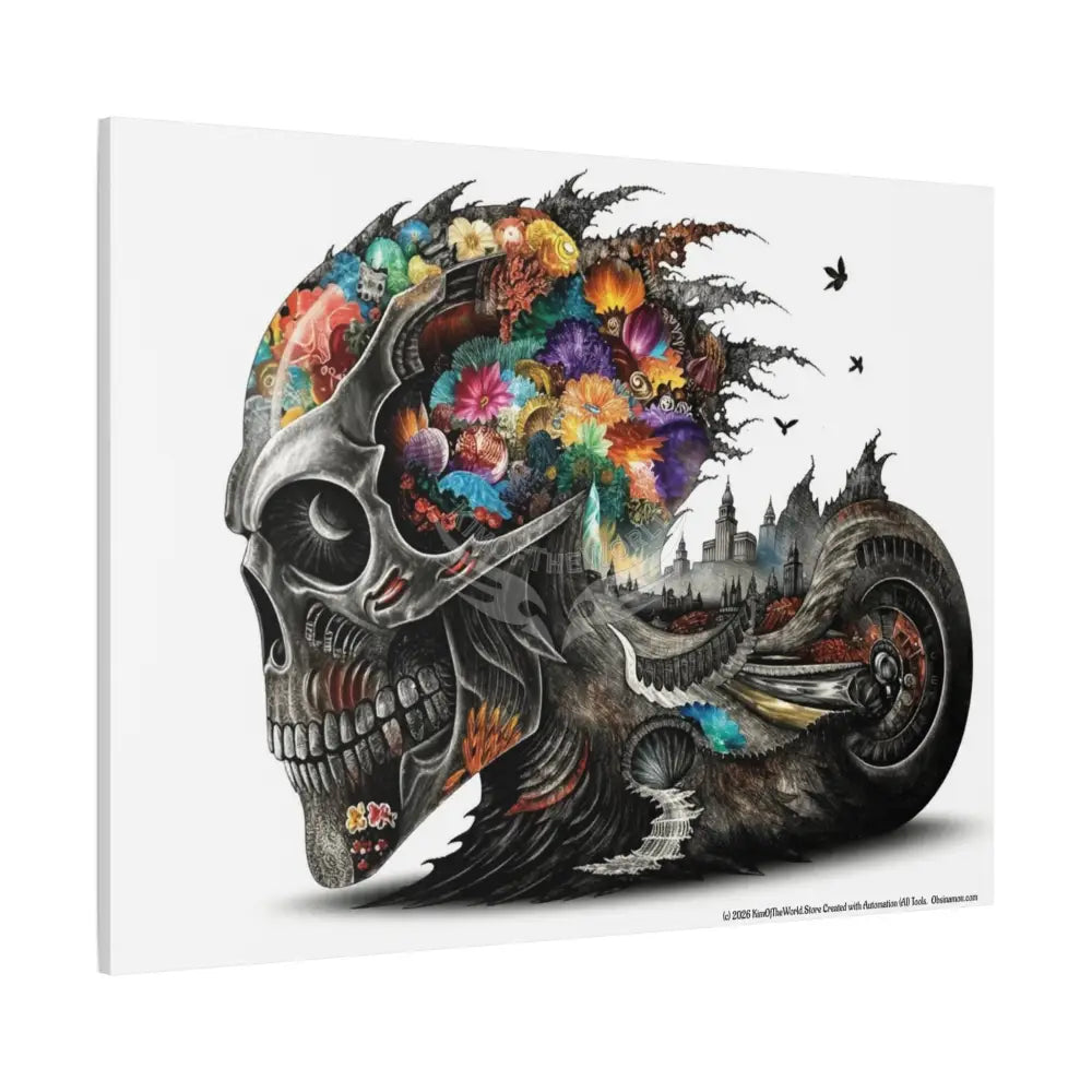 3D Skull Motorcycle Riders Matte Canvas Wall Art — Gothic Colorful Adventure Canvas