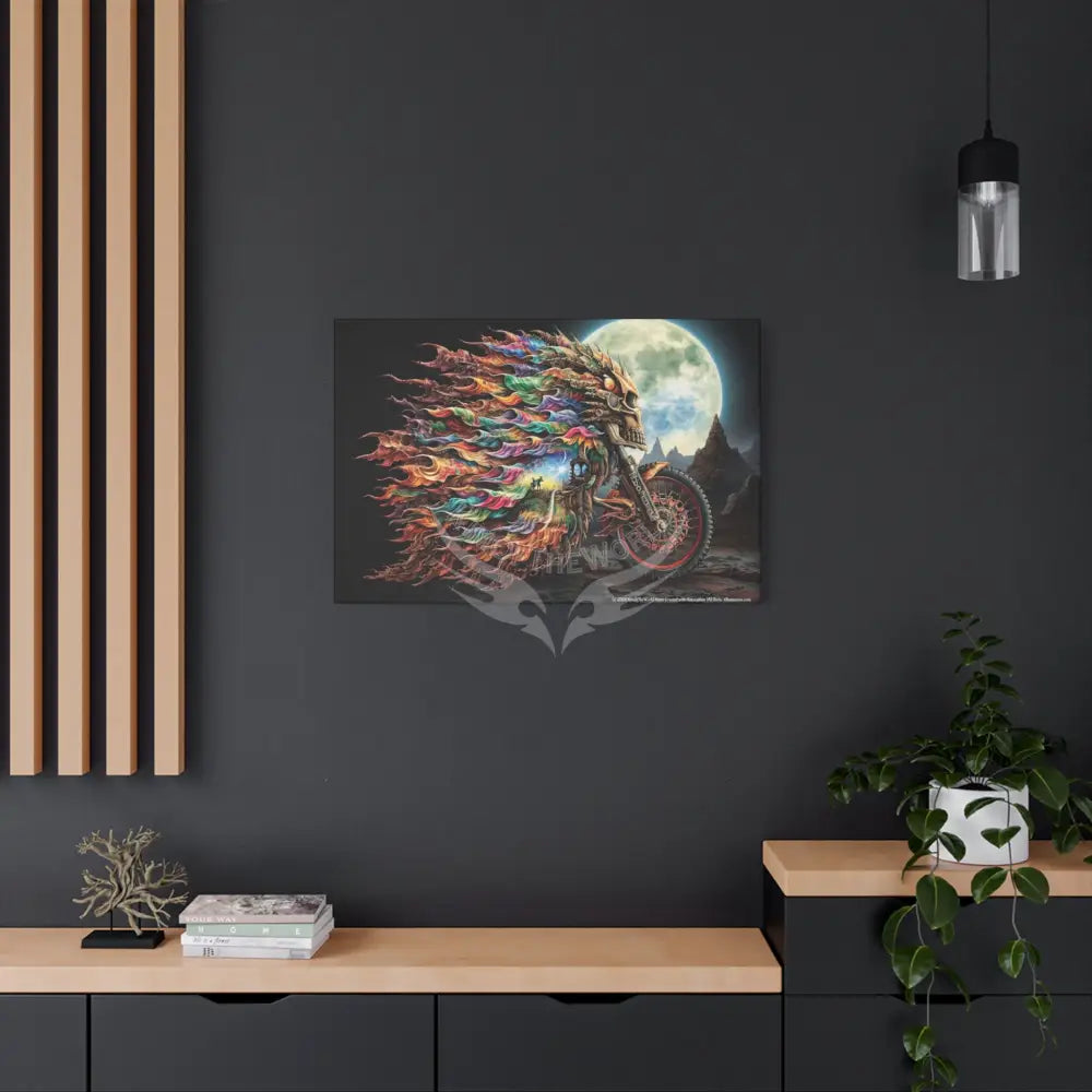 3D Skull Motorcycle Riders Matte Canvas Wall Art — Gothic Colorful Adventure Canvas