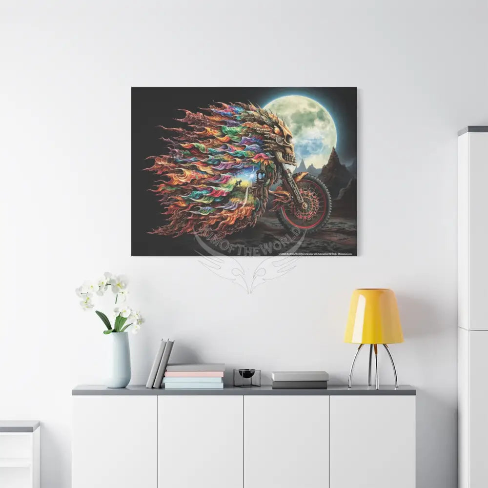 3D Skull Motorcycle Riders Matte Canvas Wall Art — Gothic Colorful Adventure Canvas