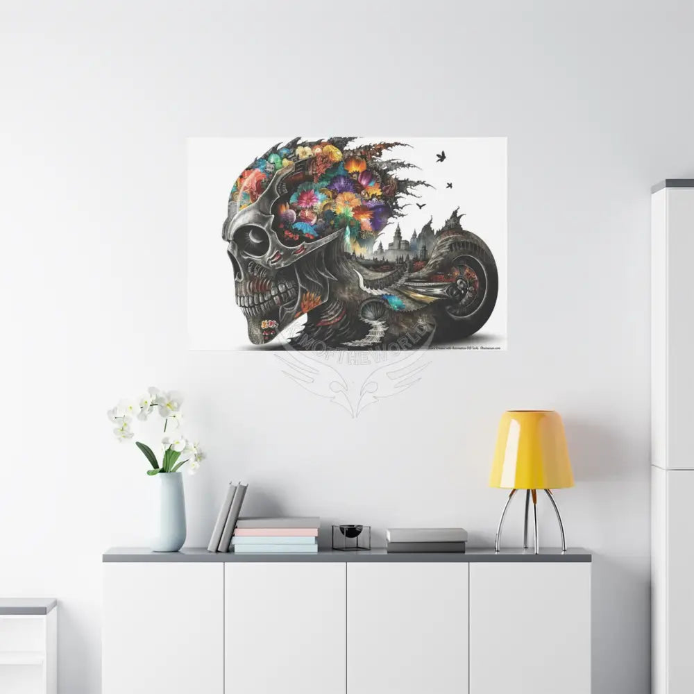 3D Skull Motorcycle Riders Matte Canvas Wall Art — Gothic Colorful Adventure Canvas