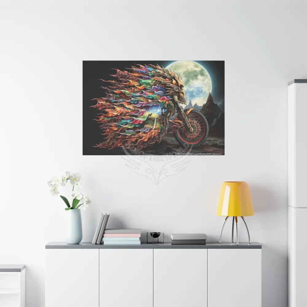 3D Skull Motorcycle Riders Matte Canvas Wall Art — Gothic Colorful Adventure Canvas