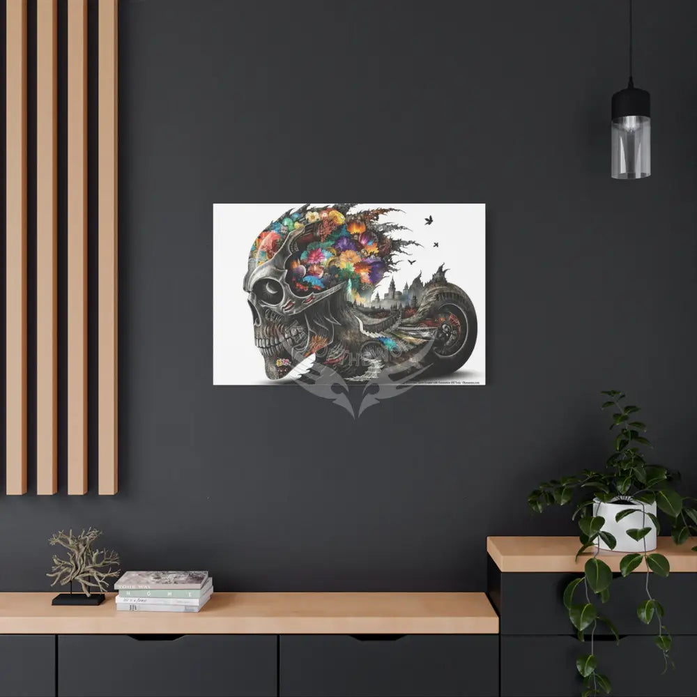 3D Skull Motorcycle Riders Matte Canvas Wall Art — Gothic Colorful Adventure Canvas