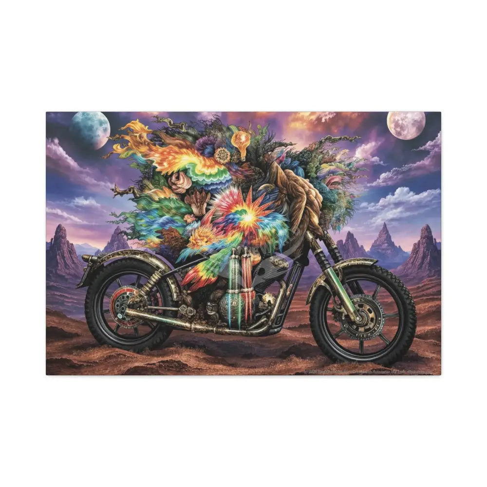 3D Skull Motorcycle Riders Matte Canvas Wall Art — Gothic Colorful Adventure with Tie Dye 36″ x 24″ (Horizontal)