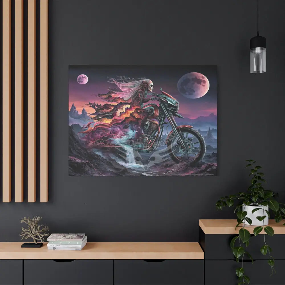 3D Skull Motorcycle Riders Matte Canvas Wall Art — Gothic Colorful Adventure with Tie Dye Canvas