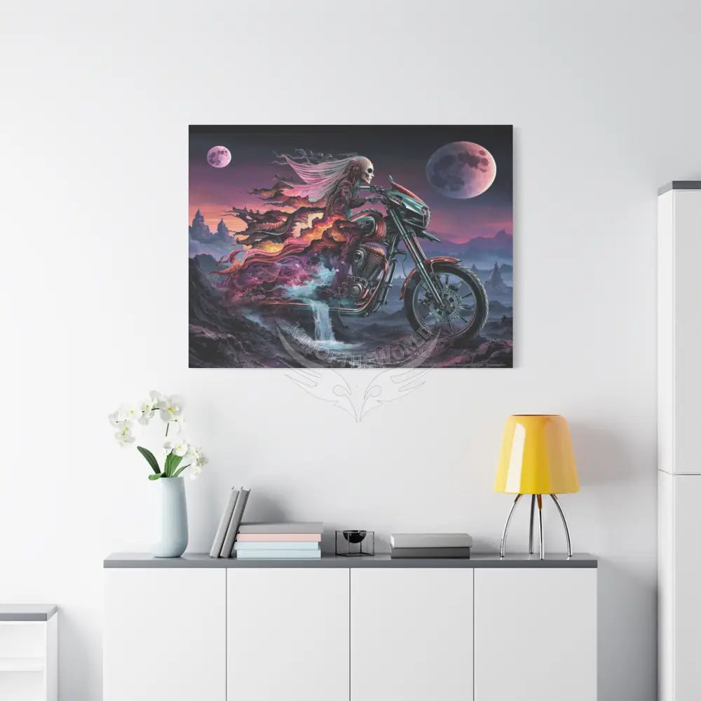 3D Skull Motorcycle Riders Matte Canvas Wall Art — Gothic Colorful Adventure with Tie Dye Canvas
