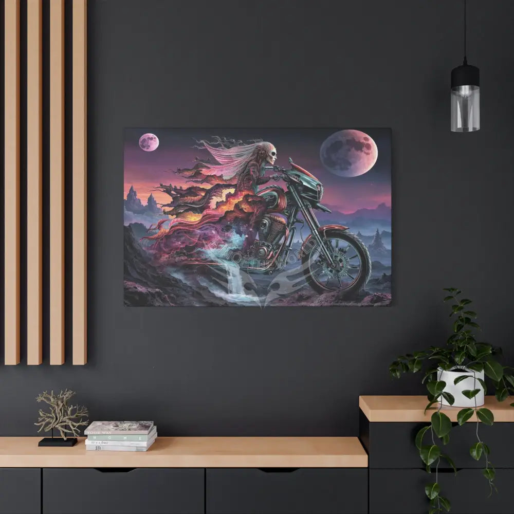 3D Skull Motorcycle Riders Matte Canvas Wall Art — Gothic Colorful Adventure with Tie Dye Canvas