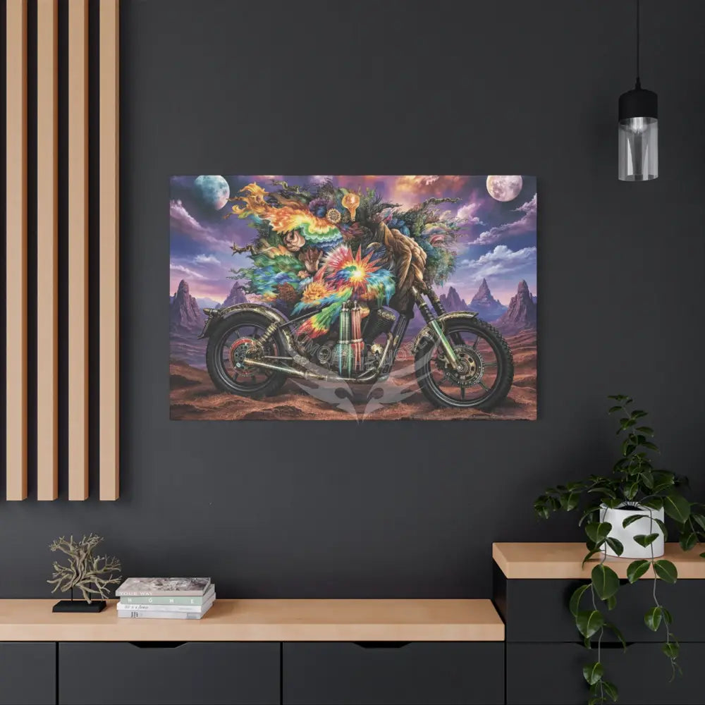 3D Skull Motorcycle Riders Matte Canvas Wall Art — Gothic Colorful Adventure with Tie Dye Canvas