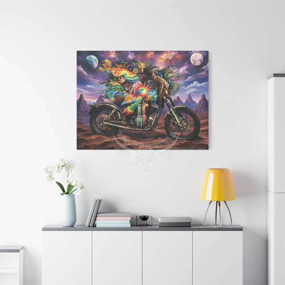 3D Skull Motorcycle Riders Matte Canvas Wall Art — Gothic Colorful Adventure with Tie Dye Canvas