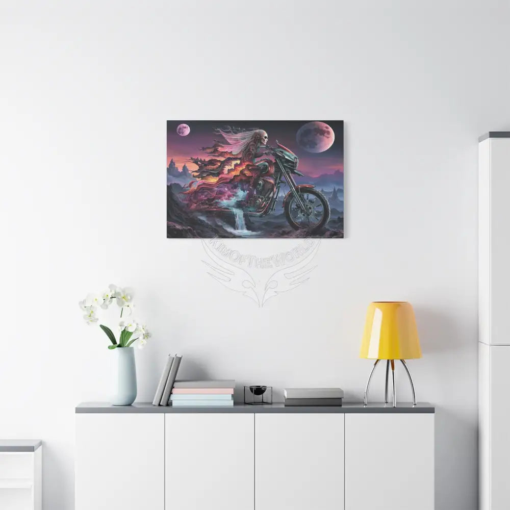 3D Skull Motorcycle Riders Matte Canvas Wall Art — Gothic Colorful Adventure with Tie Dye Canvas