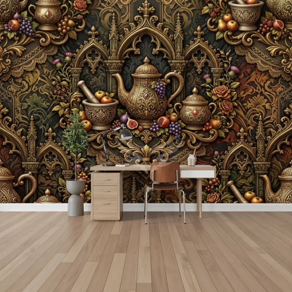 3D Steampunk Gothic Tea Floral Unpasted Mural Wallpaper 144’’x100’’ 144’’x100’’ Wall Coverings