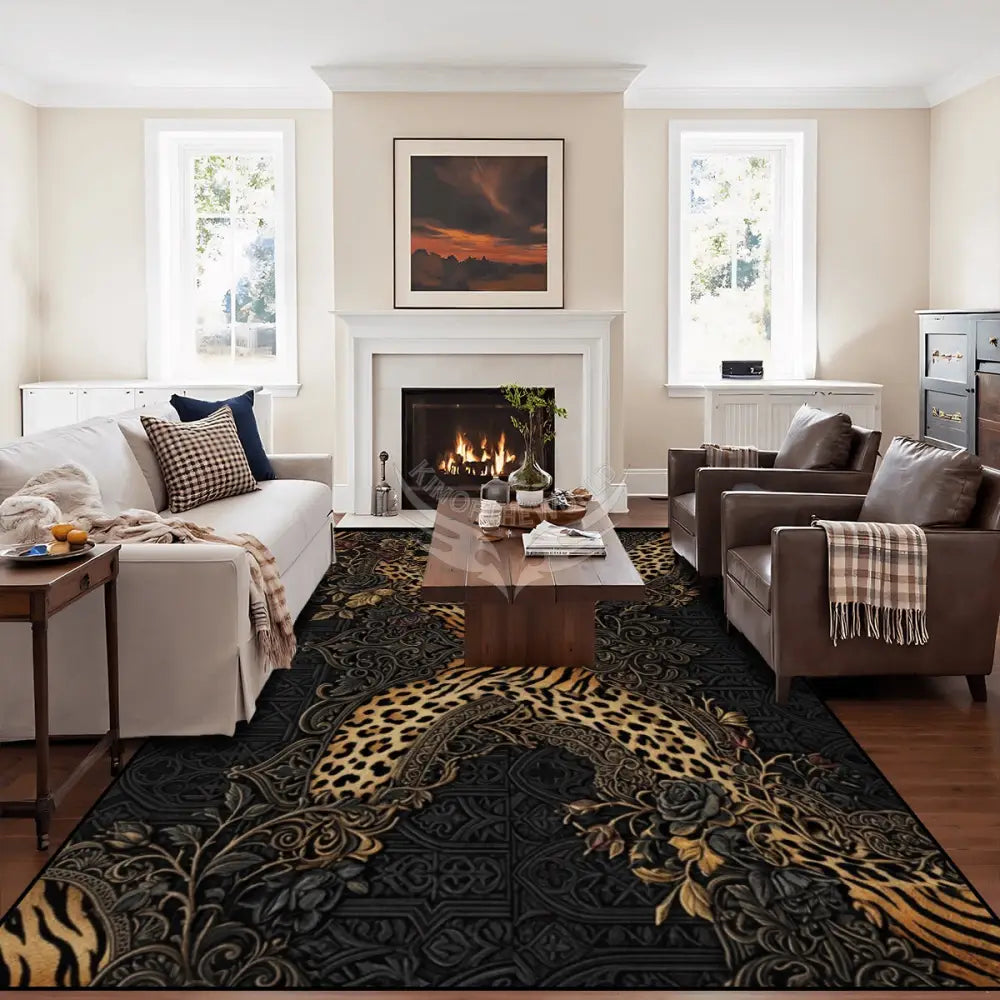 3D Steampunk ’X’ with Tiger and Leopard Prints embedded 10 ft x 8 ft Large Area Rug Floor Carpet 120’’x96’’ Rugs & Mats
