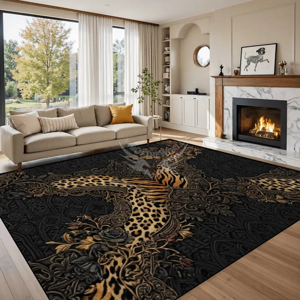 3D Steampunk ’X’ with Tiger and Leopard Prints embedded 10 ft x 8 ft Large Area Rug Floor Carpet 120’’x96’’ Rugs & Mats