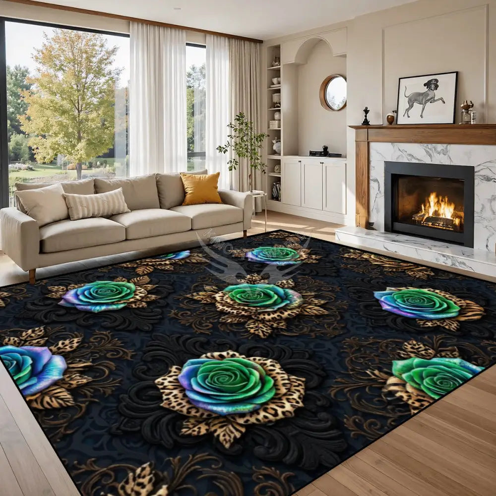 3D Teal Roses with Leopard Lion Animal Print Leaves Large Area Rug Floor Carpet 10x8 120’’x96’’ Rugs & Mats