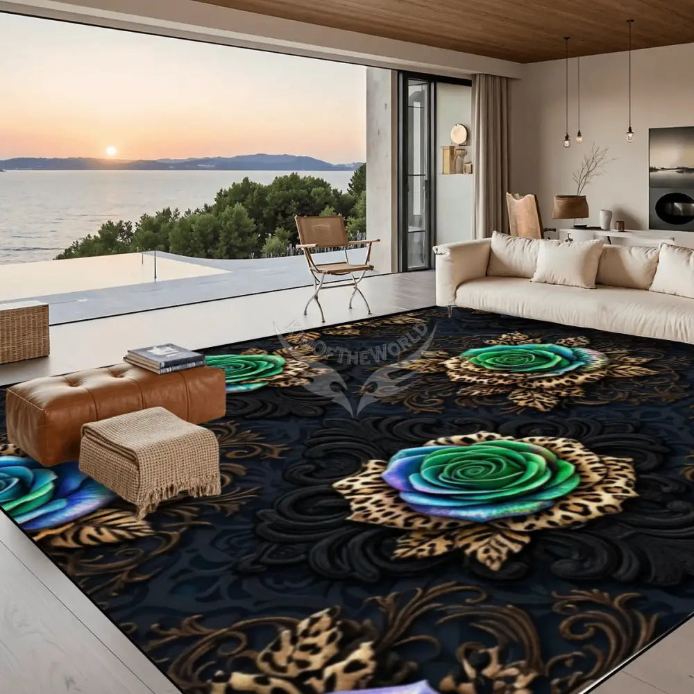 3D Teal Roses with Leopard Lion Animal Print Leaves Large Area Rug Floor Carpet 10x8 120’’x96’’ Rugs & Mats