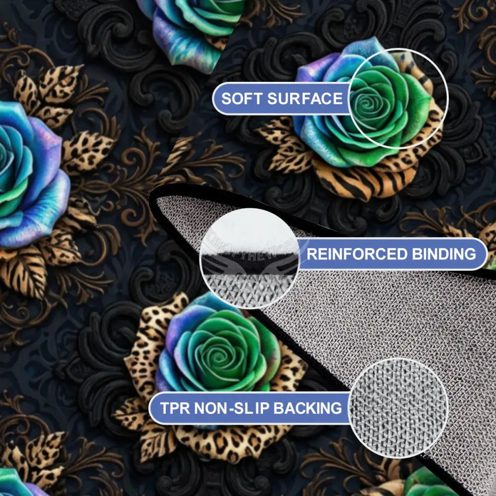 3D Teal Roses with Leopard Lion Animal Print Leaves Large Area Rug Floor Carpet 10x8 120’’x96’’ Rugs & Mats