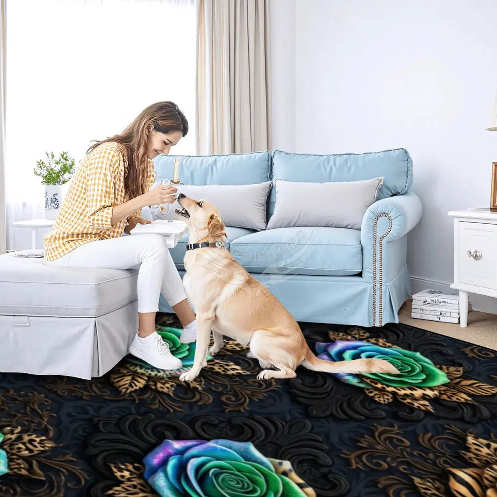 3D Teal Roses with Leopard Lion Animal Print Leaves Large Area Rug Floor Carpet 10x8 120’’x96’’ Rugs & Mats