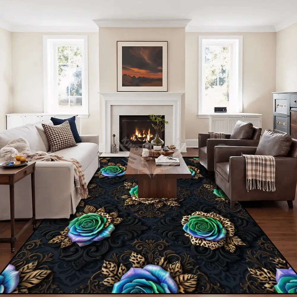 3D Teal Roses with Leopard Lion Animal Print Leaves Large Area Rug Floor Carpet 10x8 120’’x96’’ Rugs & Mats