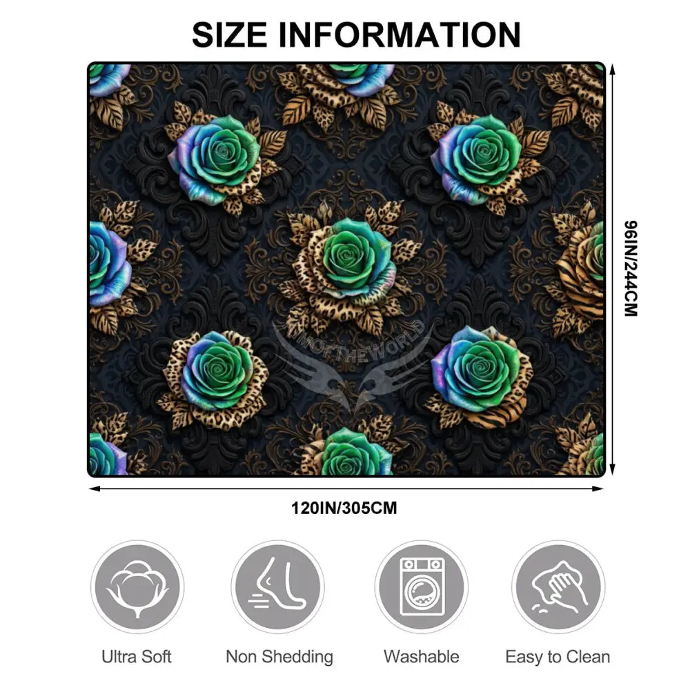 3D Teal Roses with Leopard Lion Animal Print Leaves Large Area Rug Floor Carpet 10x8 120’’x96’’ Rugs & Mats