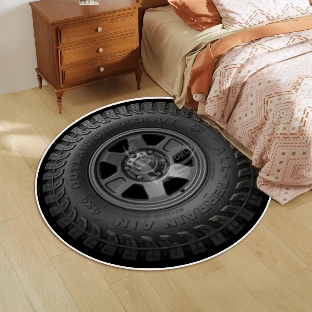 3D Tire Soft Round Area Rug with White Border Rugs & Mats