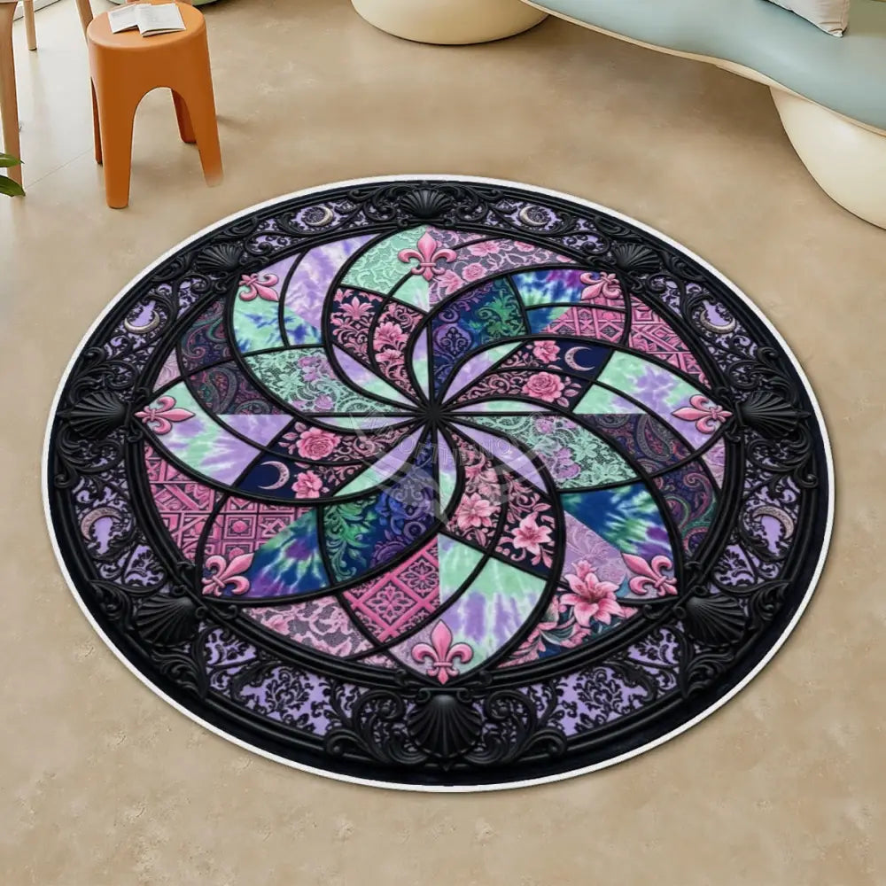 3D Unusual Patchwork and Lace MultiColor Soft Round Area Rug with White Border Rugs & Mats