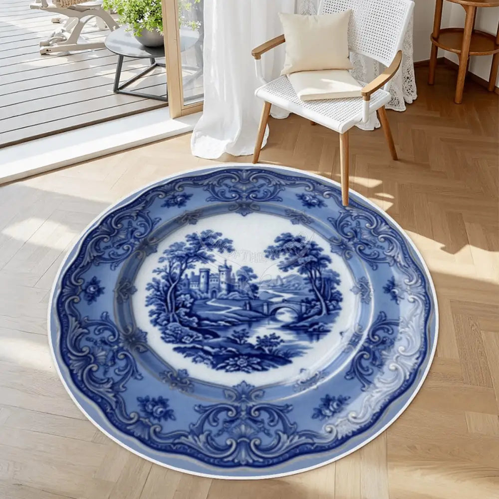 3D Vintage Floe Blue Collector Plate Random Soft Round Area Rug with White Border 23.6’’x23.6’’ Rugs & Mats