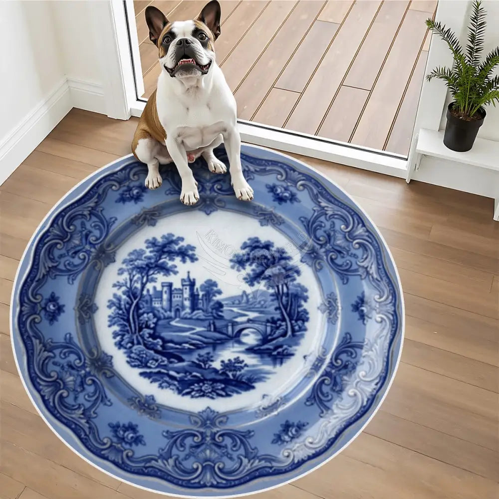 3D Vintage Floe Blue Collector Plate Random Soft Round Area Rug with White Border Rugs & Mats