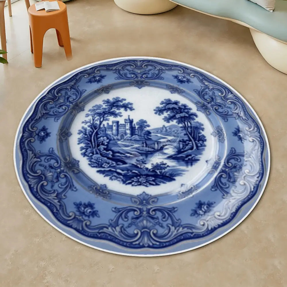 3D Vintage Floe Blue Collector Plate Random Soft Round Area Rug with White Border Rugs & Mats