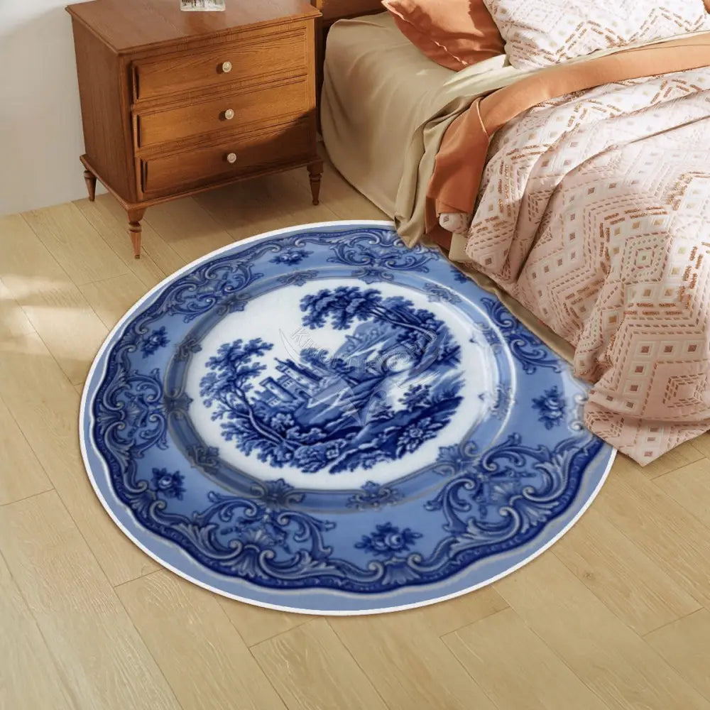 3D Vintage Floe Blue Collector Plate Random Soft Round Area Rug with White Border Rugs & Mats