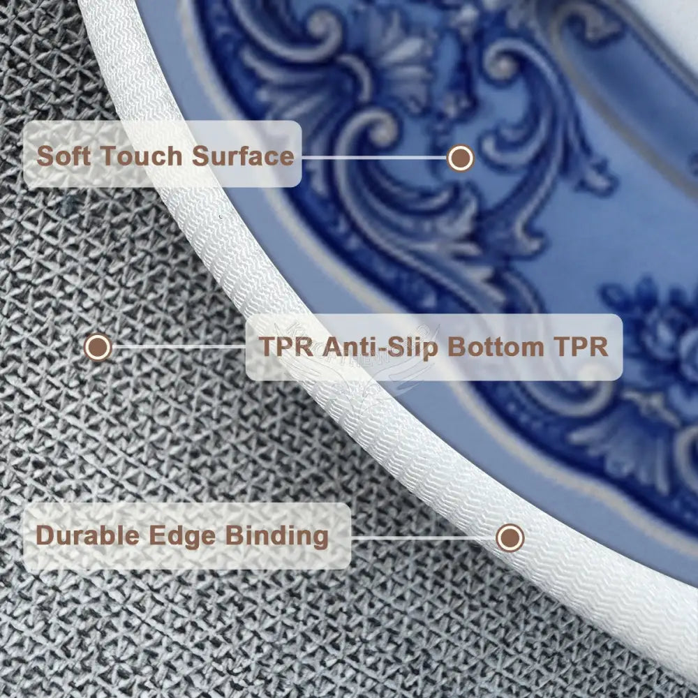 3D Vintage Floe Blue Collector Plate Random Soft Round Area Rug with White Border Rugs & Mats