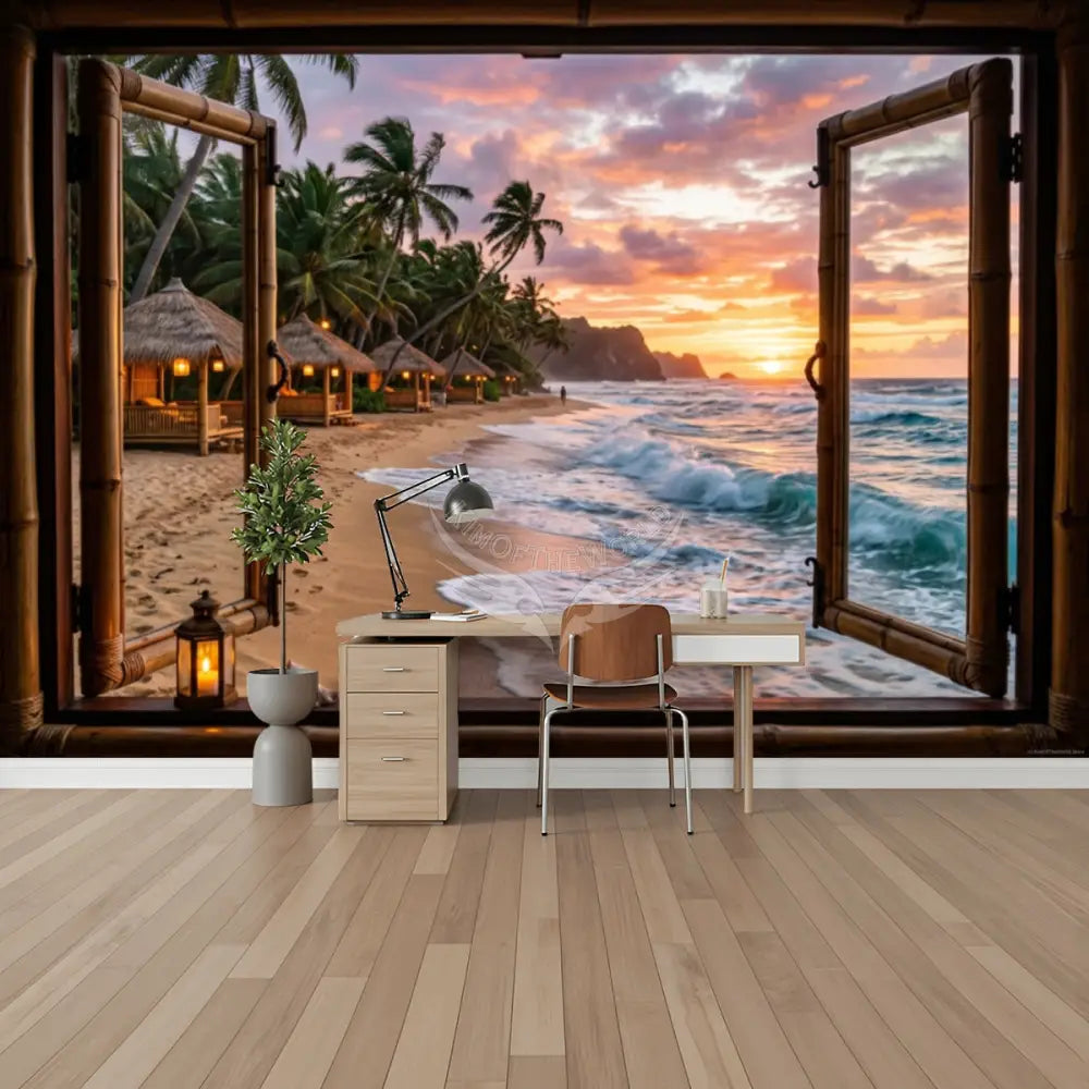3D Wall Mural Beach Cabanas I - Wallpaper Graphic Unpasted Mural Wallpaper 144’’x100’’ 144’’x100’’ Wall Coverings