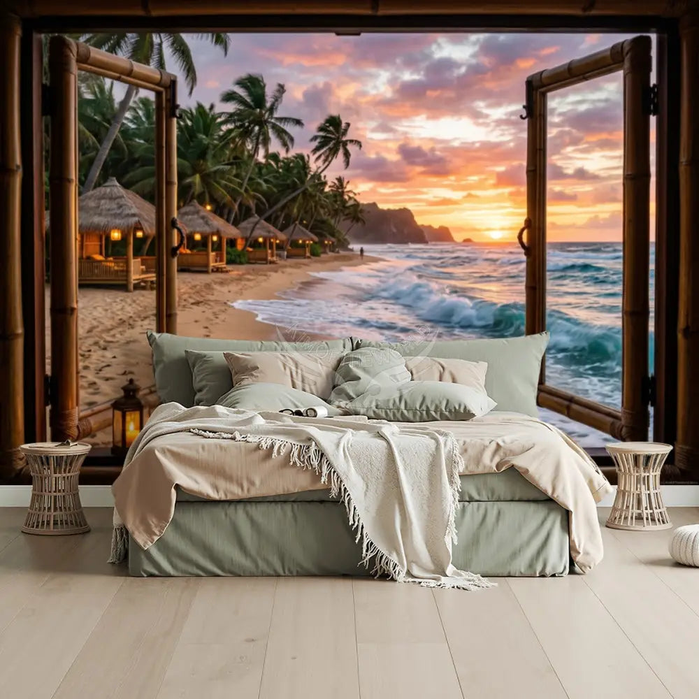 3D Wall Mural Beach Cabanas I - Wallpaper Graphic Unpasted Mural Wallpaper 144’’x100’’ 144’’x100’’ Wall Coverings