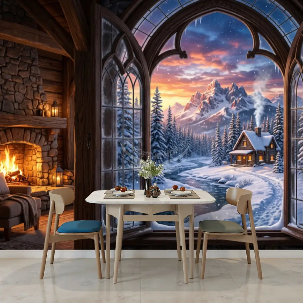 3D Winter Sunset Village Fireplace Unpasted Mural Wallpaper 144’’x100’’ 144’’x100’’ Wall Coverings